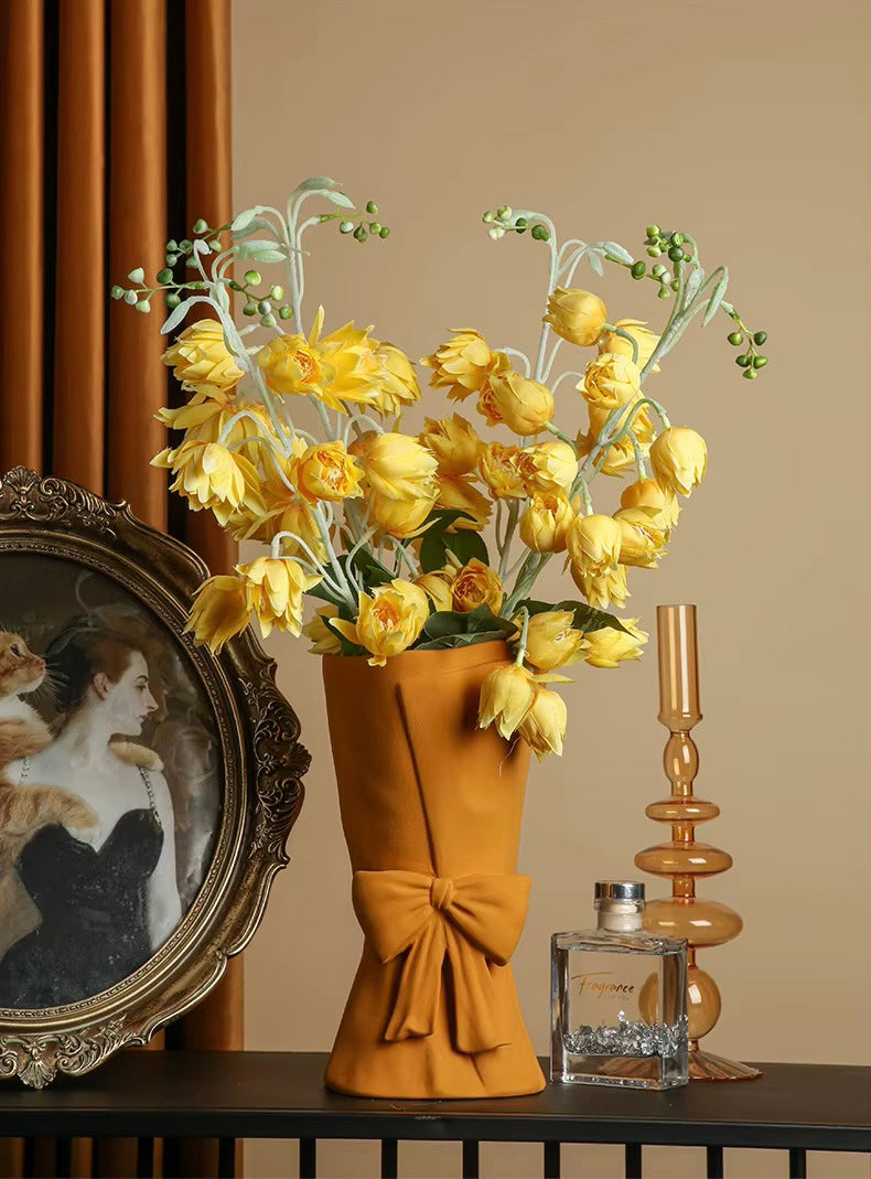 Modern Ceramic Bouquet Flower Vase – Nordic Mustard Yellow Decorative Bow Sculpture