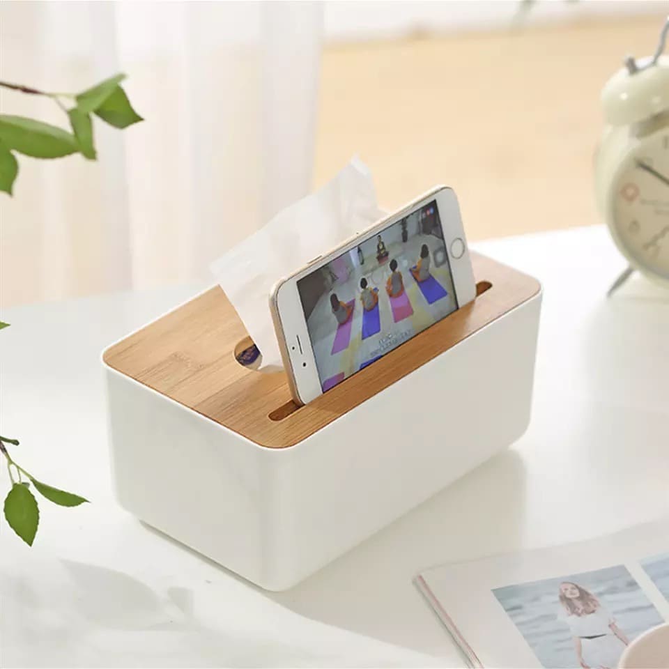 Серветниця біла plastikova з бамбуковою кришкою. Distributeur pour serveur de téléphone
