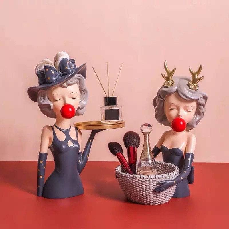 Figurine girl with basket and girl with tray set of 2 pieces