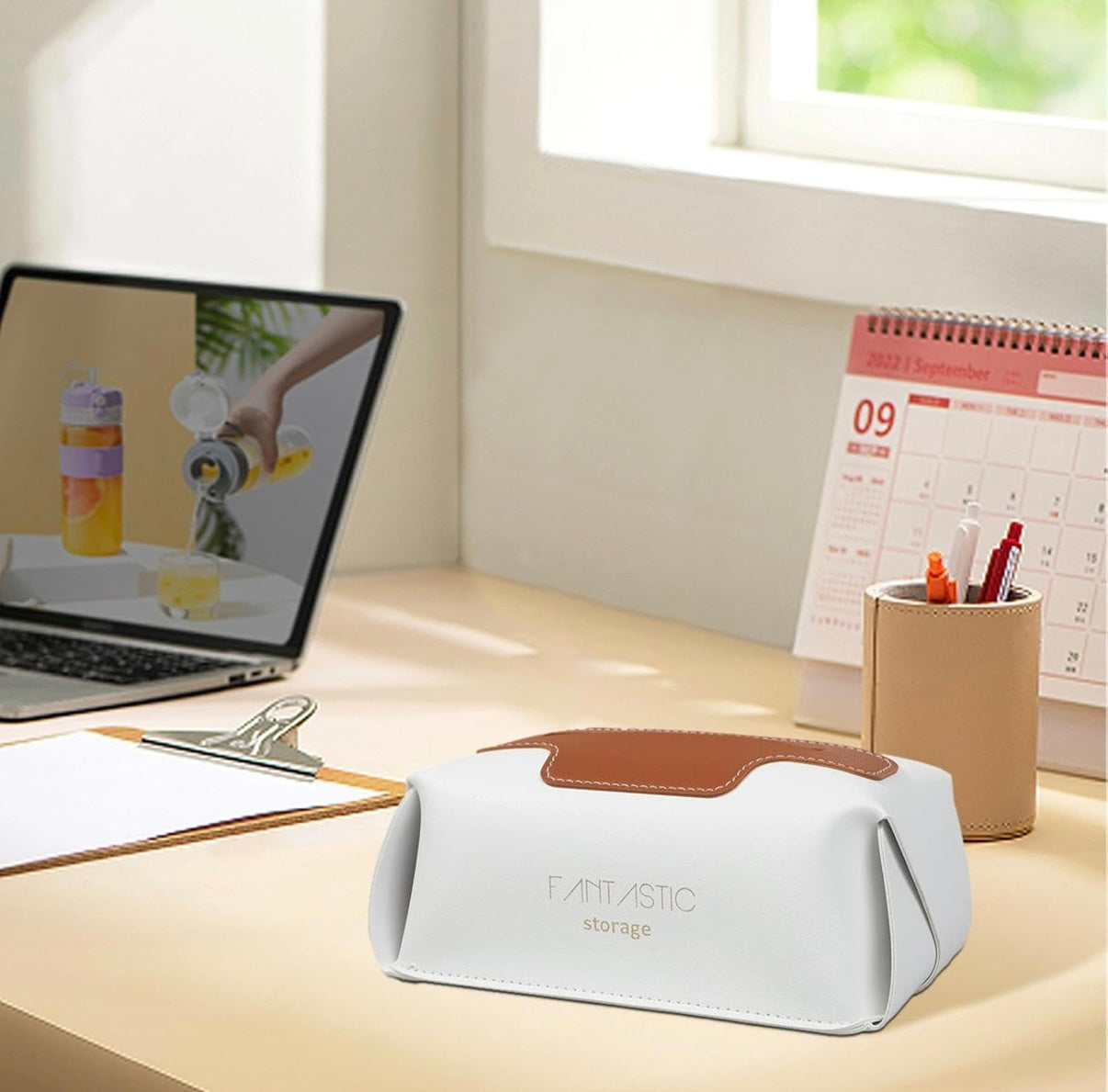 Modern White Faux Leather Tissue Box Cover – Decorative Facial Tissue Holder with Tan Accent