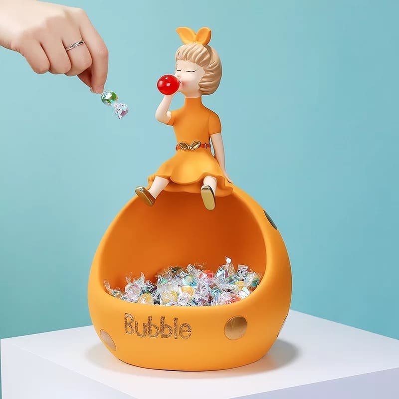 Figurine, phone stand girl with gum orange