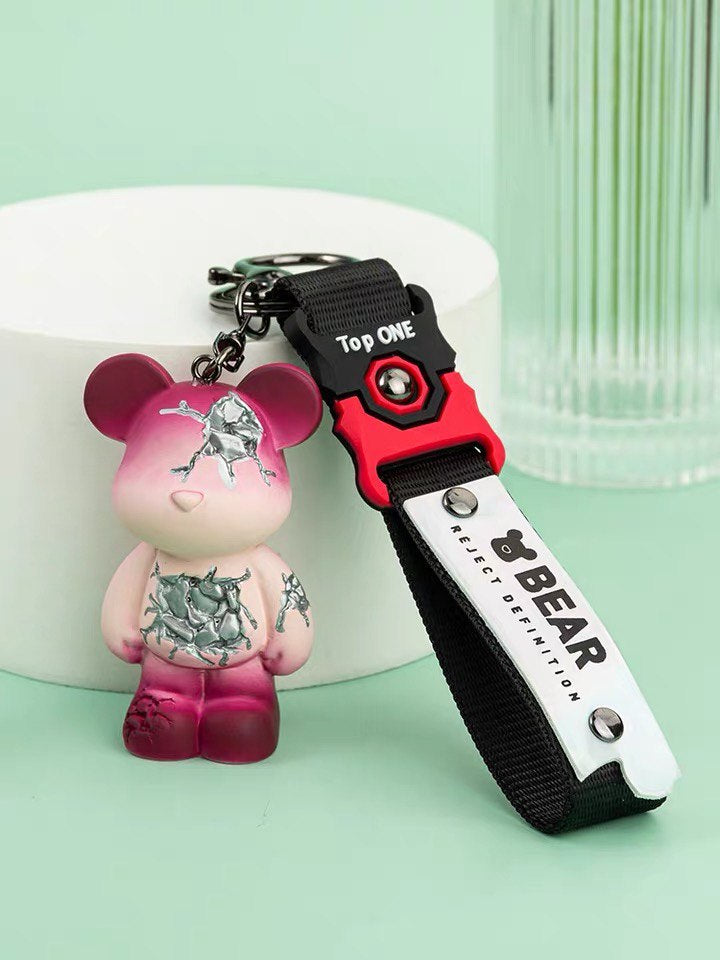 Broken bear keychain in red