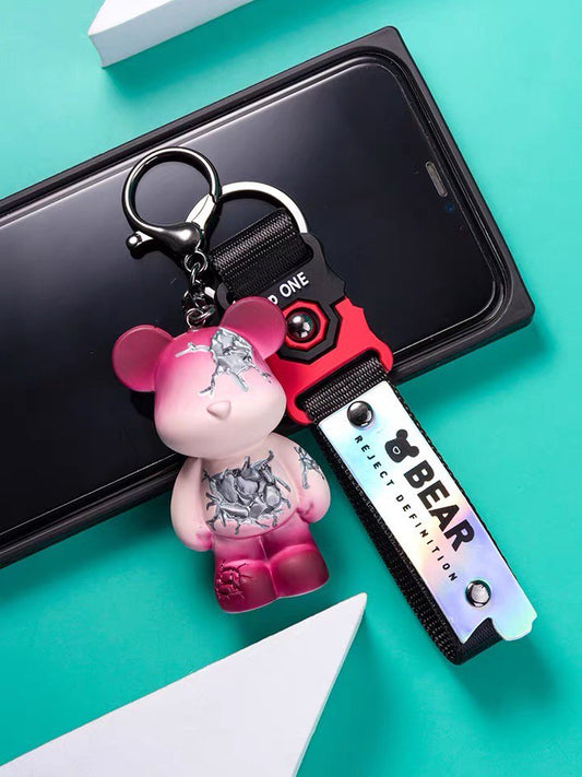 Broken bear keychain in red