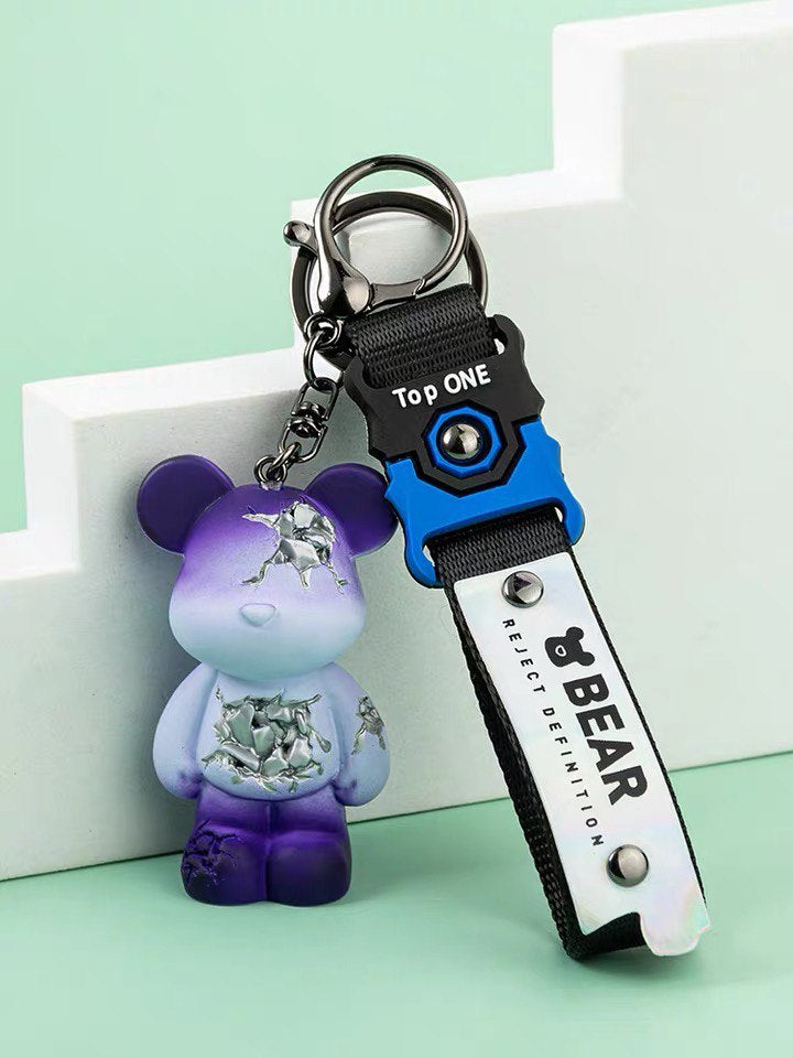 Broken bear keychain in blue