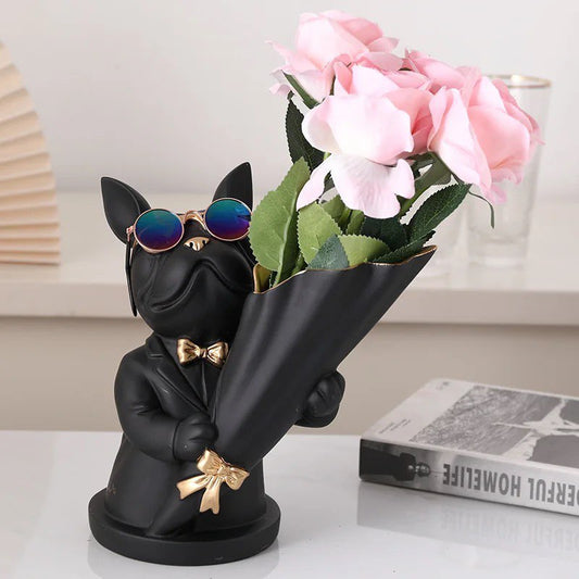 French bulldog figurine in sunglasses, flower vase