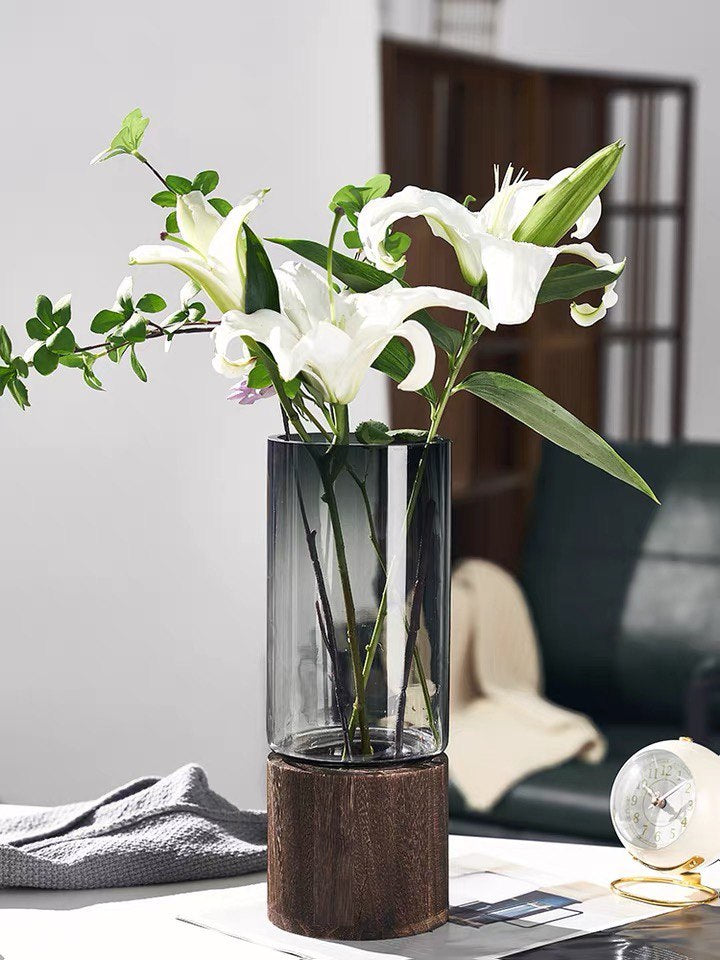 Glass vase with wooden base