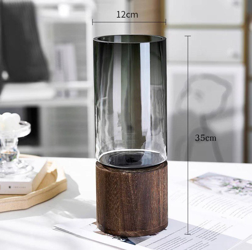 Glass vase with wooden base