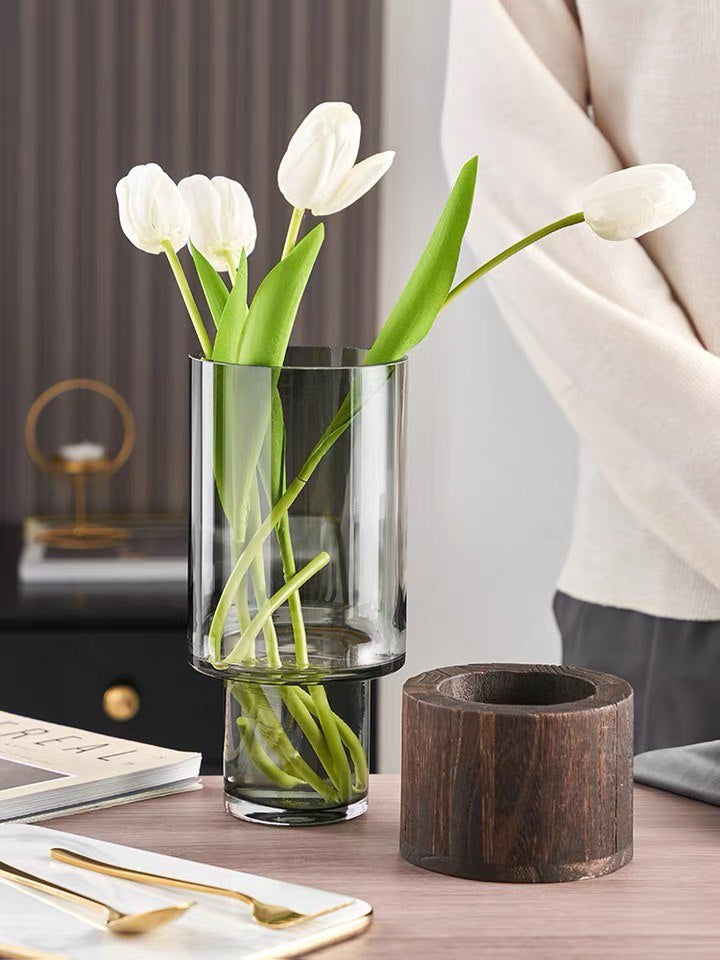 Glass vase with wooden base