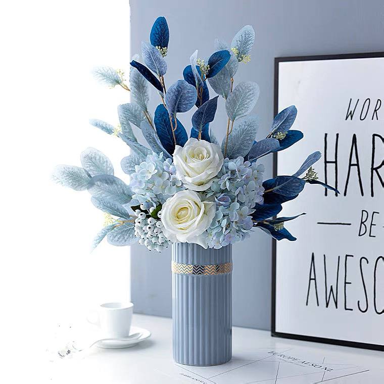 Flower arrangement, blue vase and flowers 55 cm