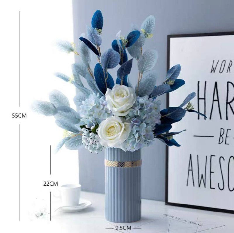 Flower arrangement, blue vase and flowers 55 cm