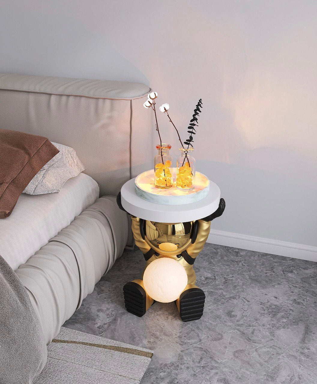 Astronaut coffee table with night light, gold color
