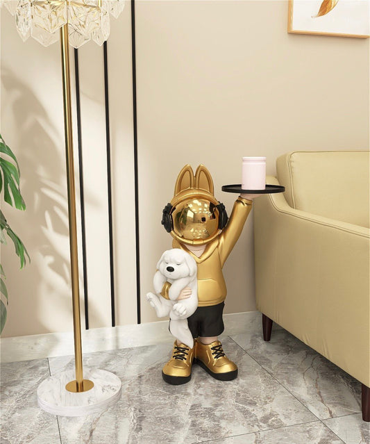 Coffee table space rabbit with puppy, gold 80 cm