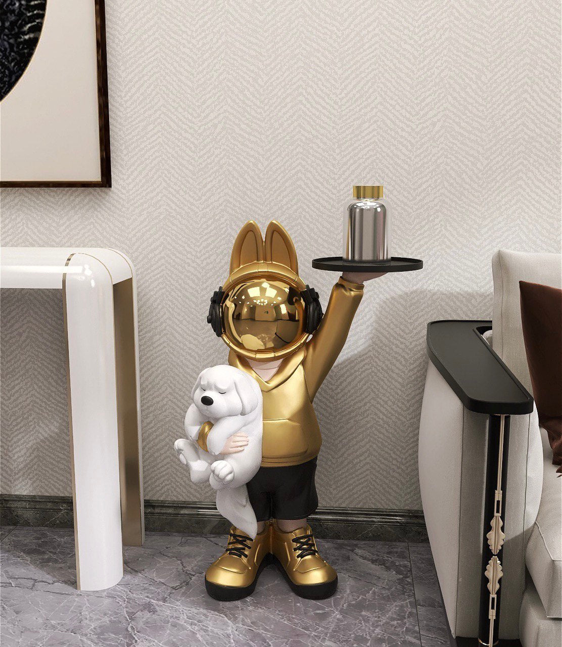 Coffee table space rabbit with puppy, gold 80 cm