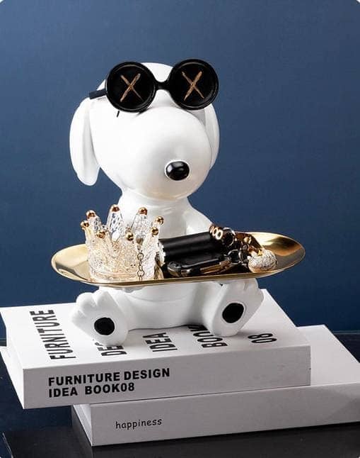 White dog figurine with metal tray