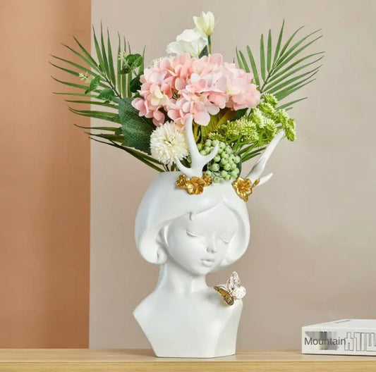 Vase white with gold, girl with horns 33cm