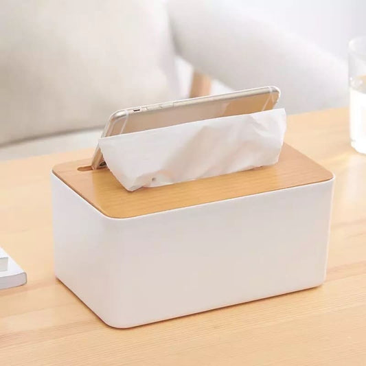 White plastic napkin holder with bamboo lid, with phone holder