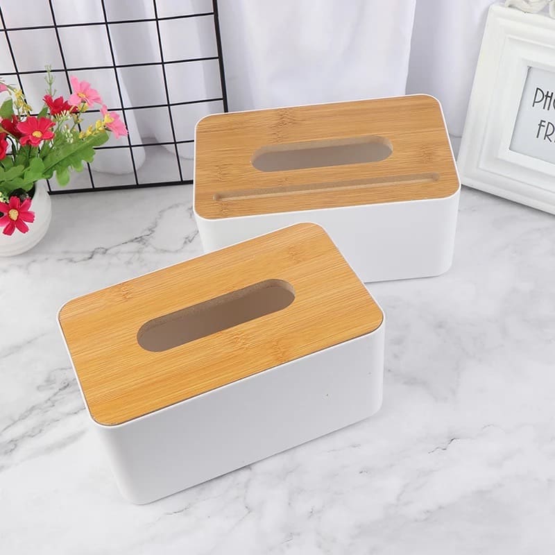 Серветниця біла plastikova з бамбуковою кришкою. Distributeur pour serveur de téléphone