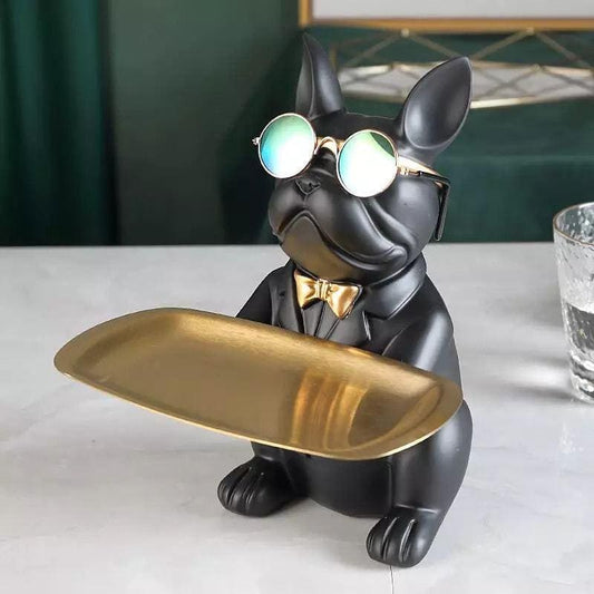 Dog figurine in sunglasses with tray