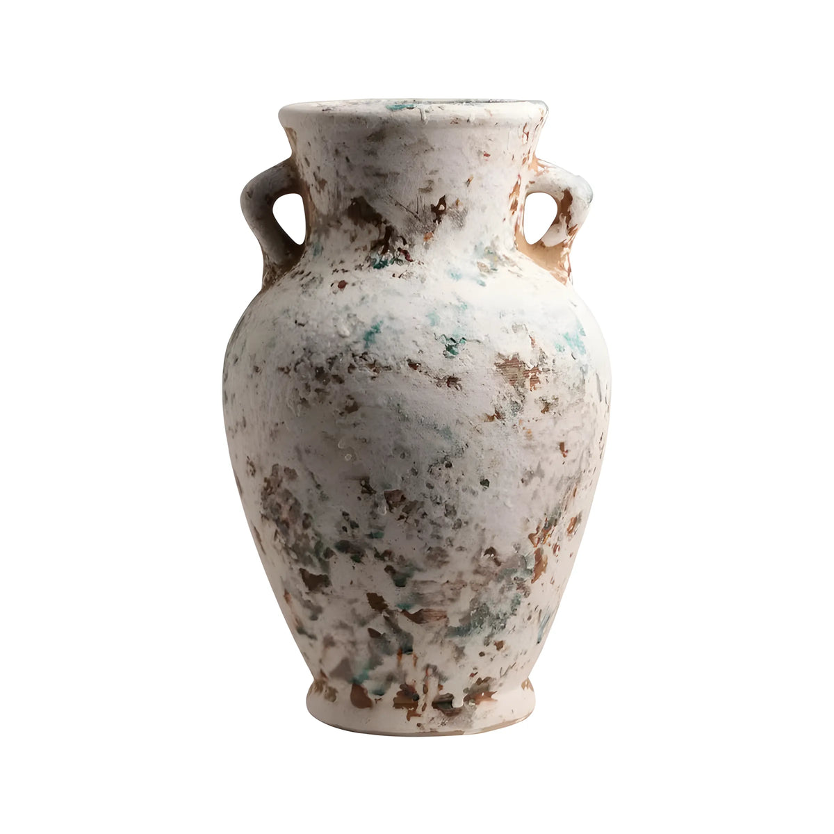 An ancient-style ceramic vase with two side handles, featuring a distressed off-white glaze with mottled brown and teal patina details, isolated on a white background.