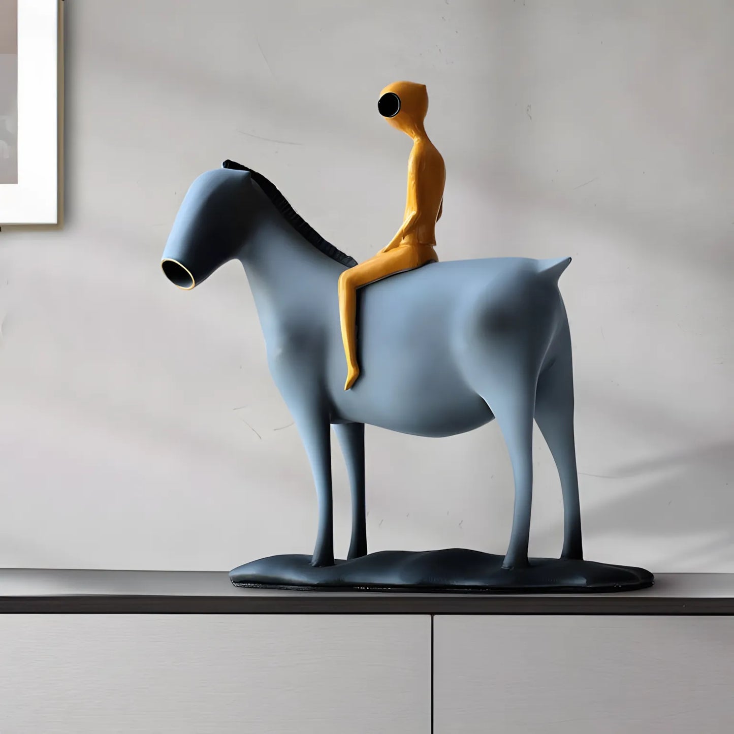 Modern Metal Horse and Rider Sculpture – Abstract Blue and Gold Art Figurine