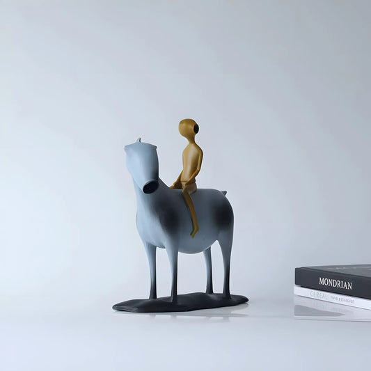 Modern Metal Horse and Rider Sculpture – Abstract Blue and Gold Art Figurine