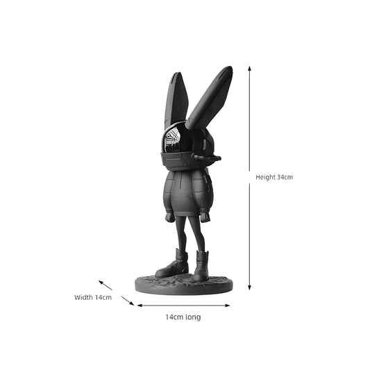Product dimensions diagram for the mid size astronaut rabbit sculpture showing 34cm height, 14cm length, and 14cm width