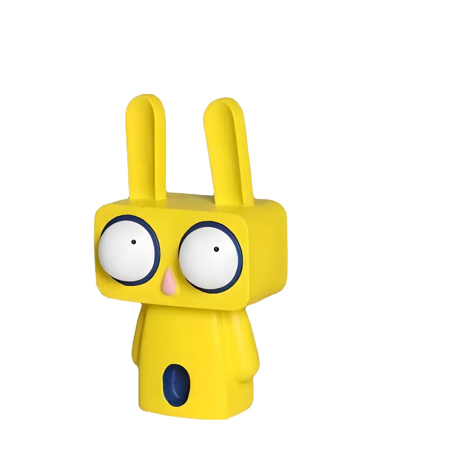 Three-quarter angled view of the 22cm yellow pop art rabbit figurine showcasing its geometric block head and clean profile