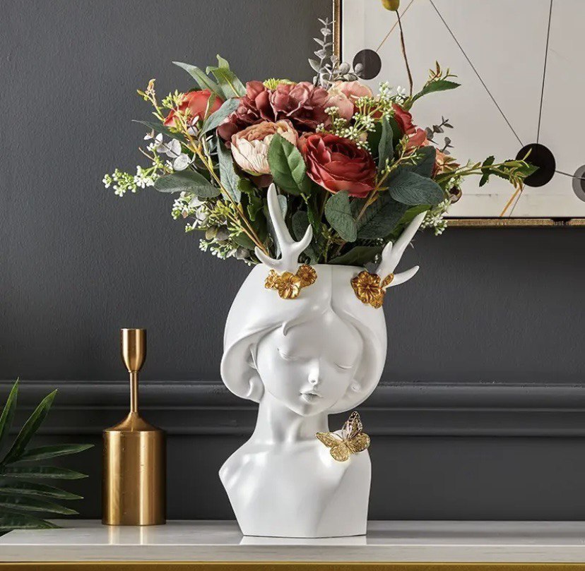 Vase white with gold, girl with horns 33cm