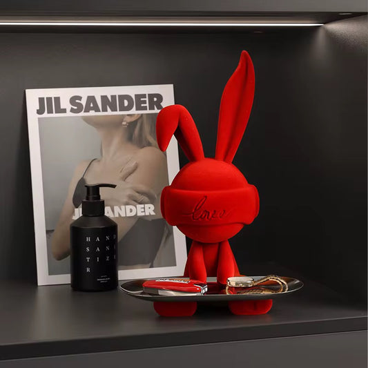 Modern Red Cosmic Bunny Figurine with Stainless Steel Tray – Hypebeast Home Decor