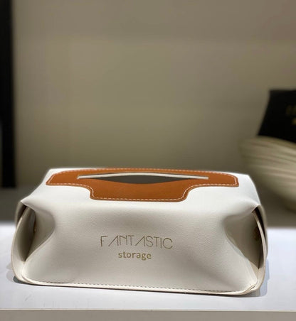 Modern White Faux Leather Tissue Box Cover – Decorative Facial Tissue Holder with Tan Accent