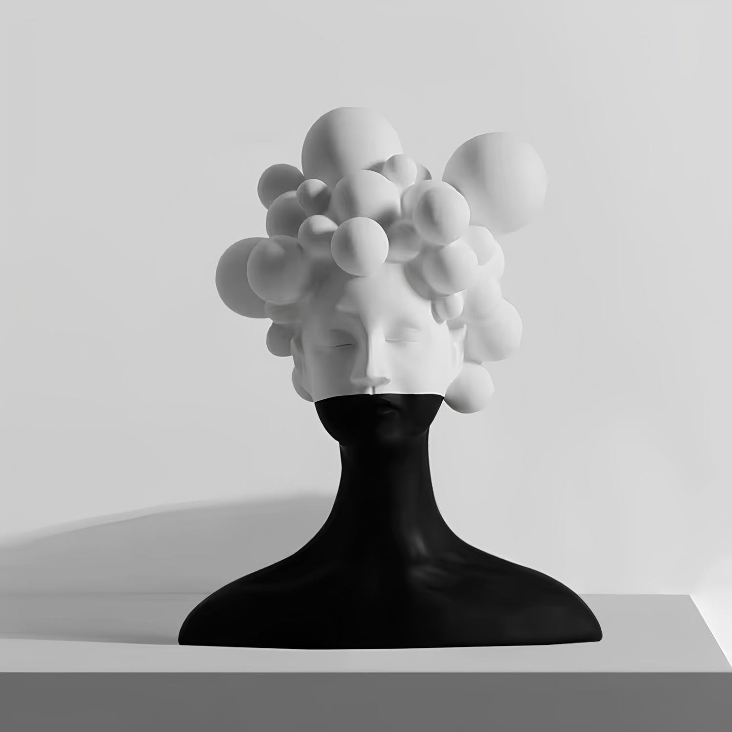 Black and White Female Bust Statue with Bubble Hair - Abstract Surrealist Resin Women Figure, Modern Home Decor Art Accent