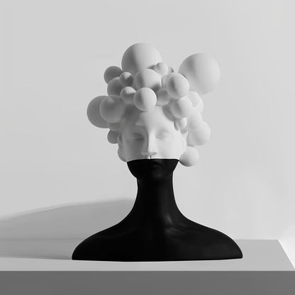 Black and White Female Bust Statue with Bubble Hair - Abstract Surrealist Resin Women Figure, Modern Home Decor Art Accent