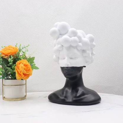 Black and White Female Bust Statue with Bubble Hair - Abstract Surrealist Resin Women Figure, Modern Home Decor Art Accent