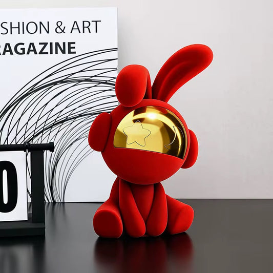 Modern Red Rabbit Astronaut Statue – Nordic Luxury Velvet Bunny Figurine with Gold Mirror Mas