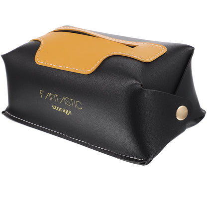 Black Faux Leather Tissue Box Cover – Modern Facial Tissue Holder with Yellow Accent