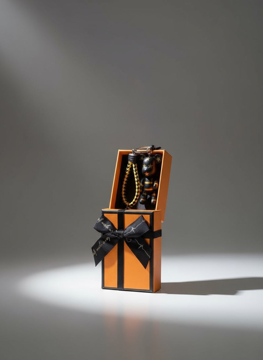 Black Gold Bear Keychain with Stars