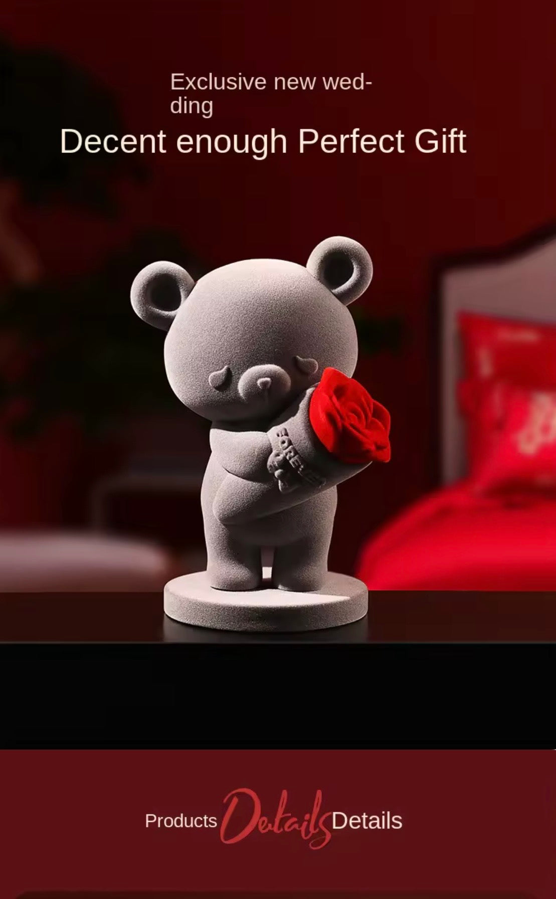 Velvet Flocked Teddy Bear Figurine with Red Rose – Cute 10cm Tabletop Decor, Romantic Gift for Her