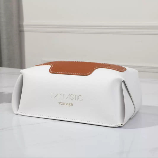 Modern White Faux Leather Tissue Box Cover – Decorative Facial Tissue Holder with Tan Accent