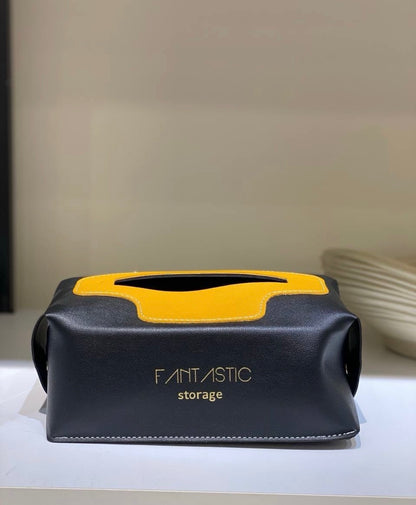 Black Faux Leather Tissue Box Cover – Modern Facial Tissue Holder with Yellow Accent