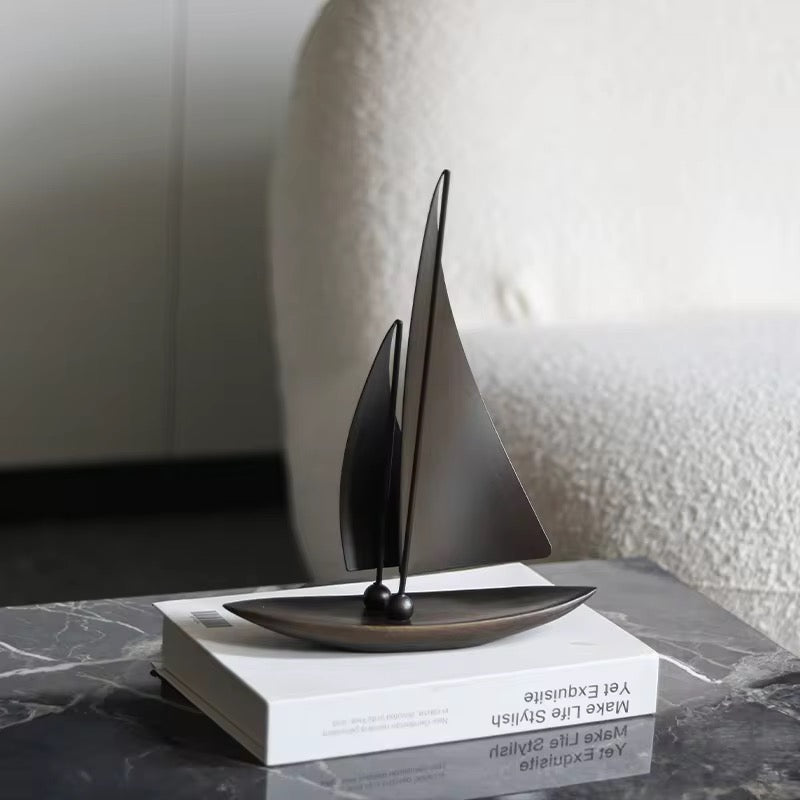 Modern Metal Sailboat Statue - Minimalist Bronze Nautical Sculpture for Home Office Desk, Bookshelf & Living Room Coastal Deco