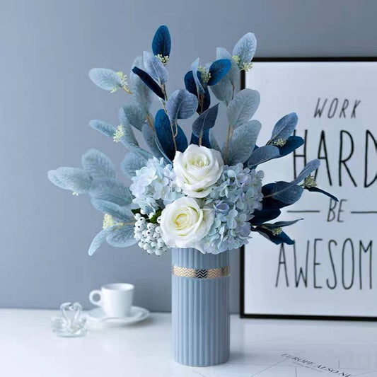 Flower arrangement, blue vase and flowers 55 cm