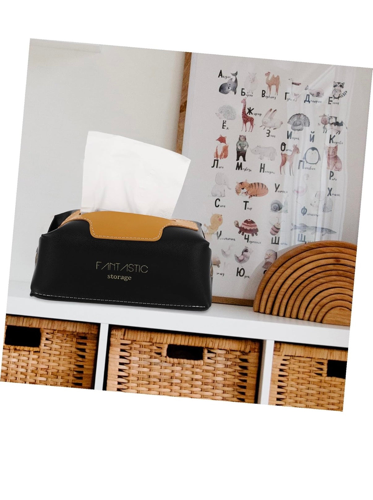 Black Faux Leather Tissue Box Cover – Modern Facial Tissue Holder with Yellow Accent