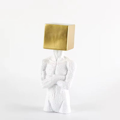 Modern Surrealist Male Bust Statue with Gold Cube - Nordic Textured White Male Body Sculpture for Luxury Living Room & Office Decor