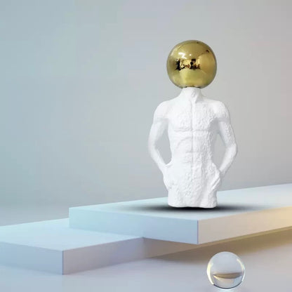 Modern Surrealist Male Bust Statue with Gold Sphere - Nordic Textured White Male Body Sculpture for Luxury Living Room & Office Decor