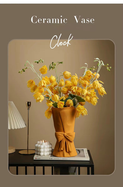 Modern Ceramic Bouquet Flower Vase – Nordic Mustard Yellow Decorative Bow Sculpture