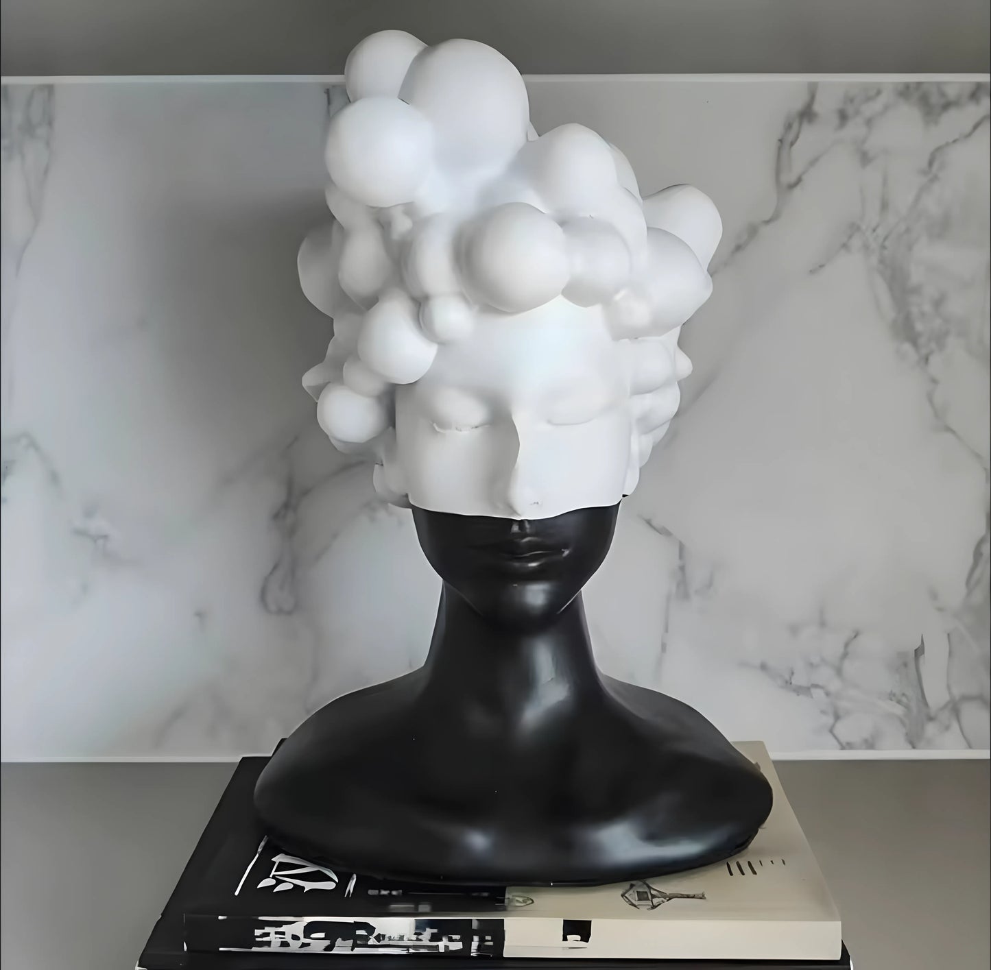 Black and White Female Bust Statue with Bubble Hair