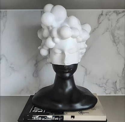 Black and White Female Bust Statue with Bubble Hair