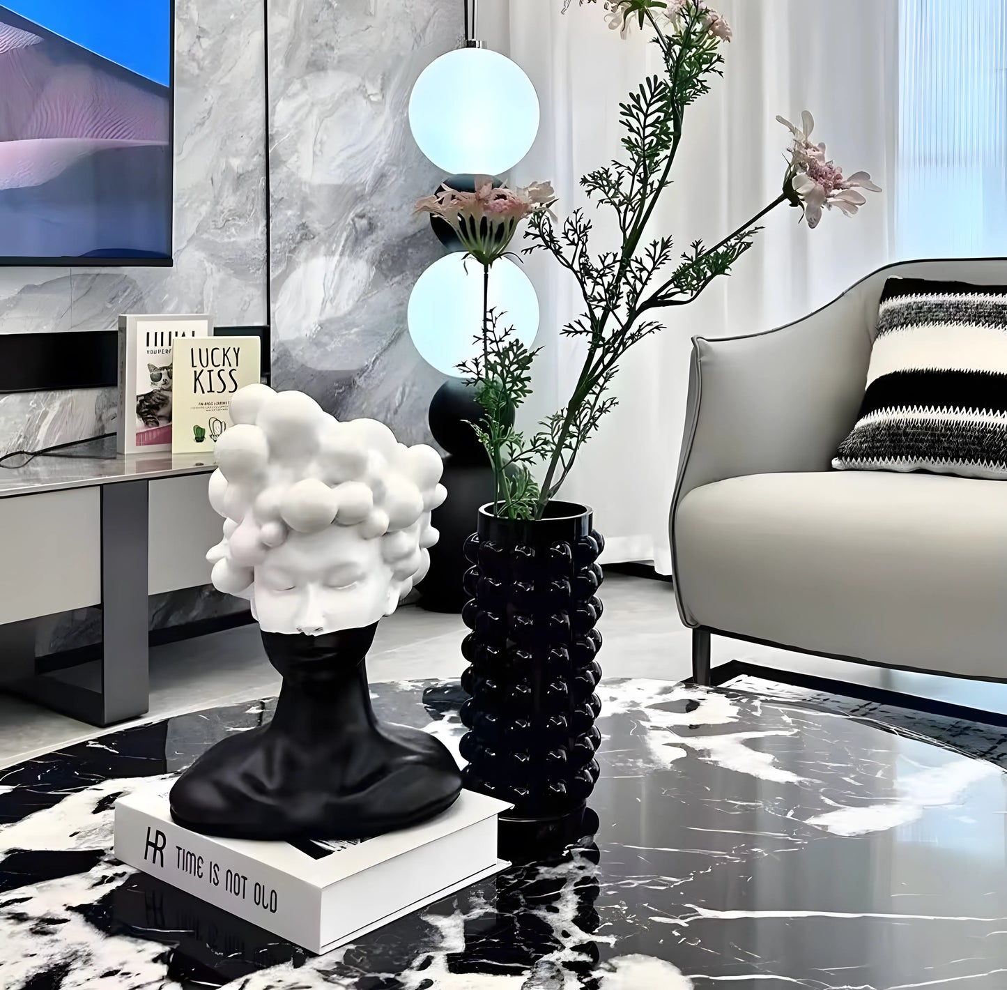 Black and White Female Bust Statue with Bubble Hair