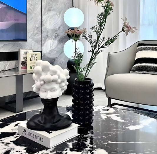Black and White Female Bust Statue with Bubble Hair