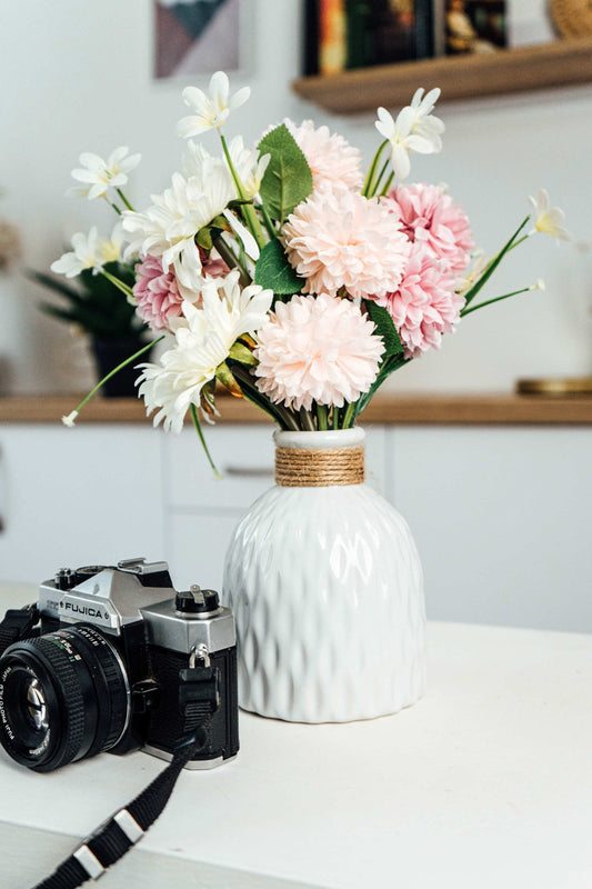 Flower arrangement, set of white vase and flowers